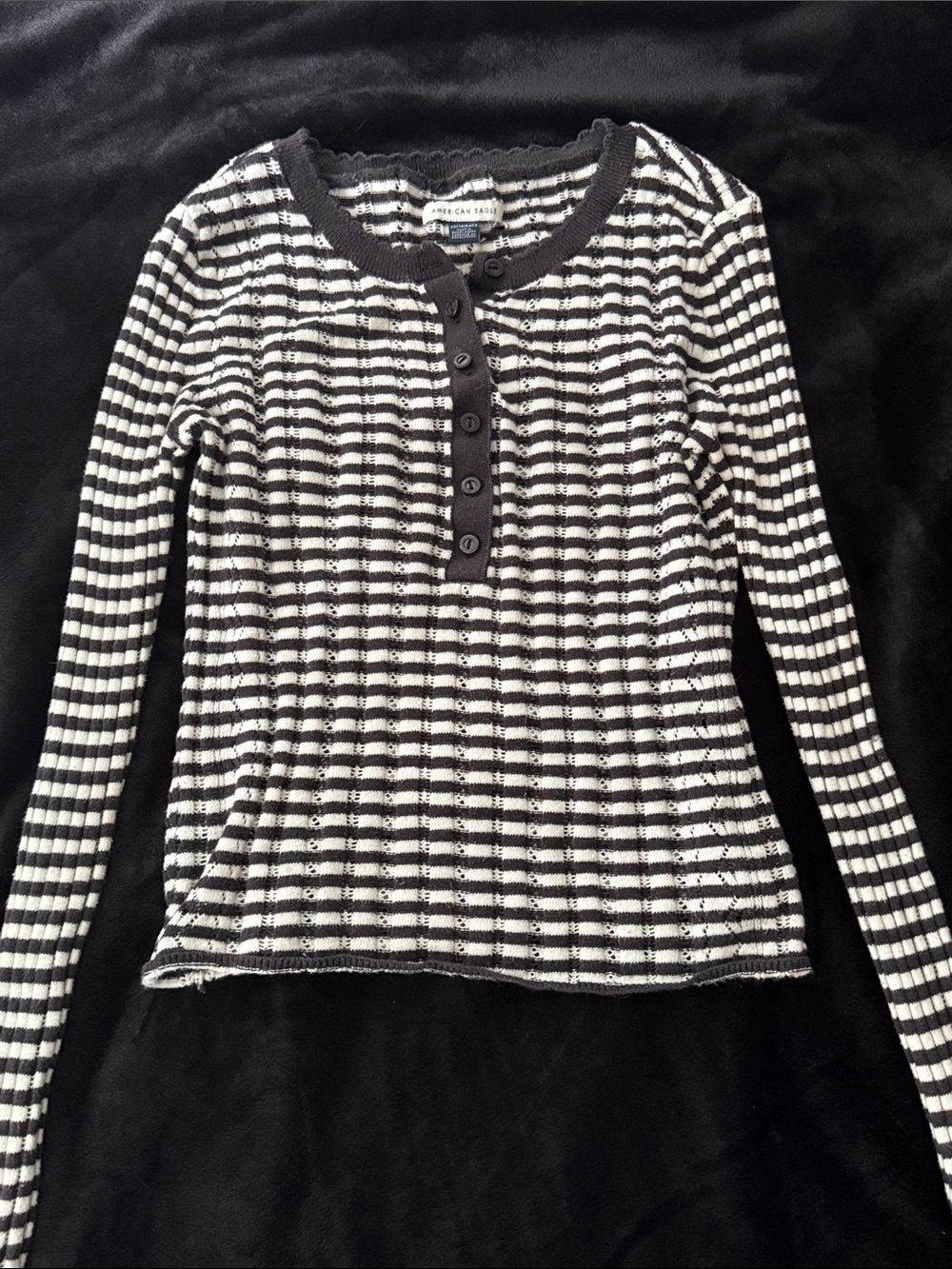 American Eagle Outfitters Black and White Striped Long Sleeve Henley